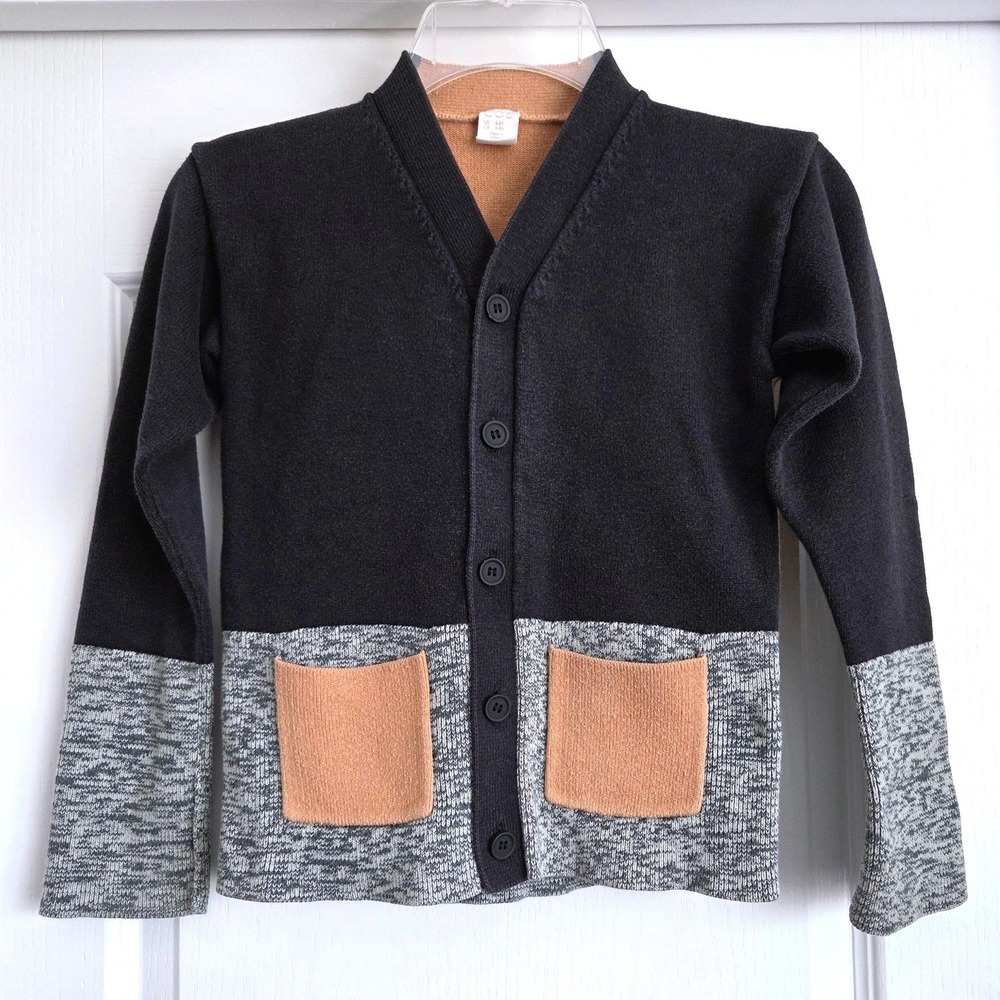 COS Kids Colorblock Cardigan Sweater‎ Grey Tan Green Cotton Wool Blend Size 6-8Y